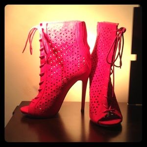 Red Open-toe Heeled Bootie